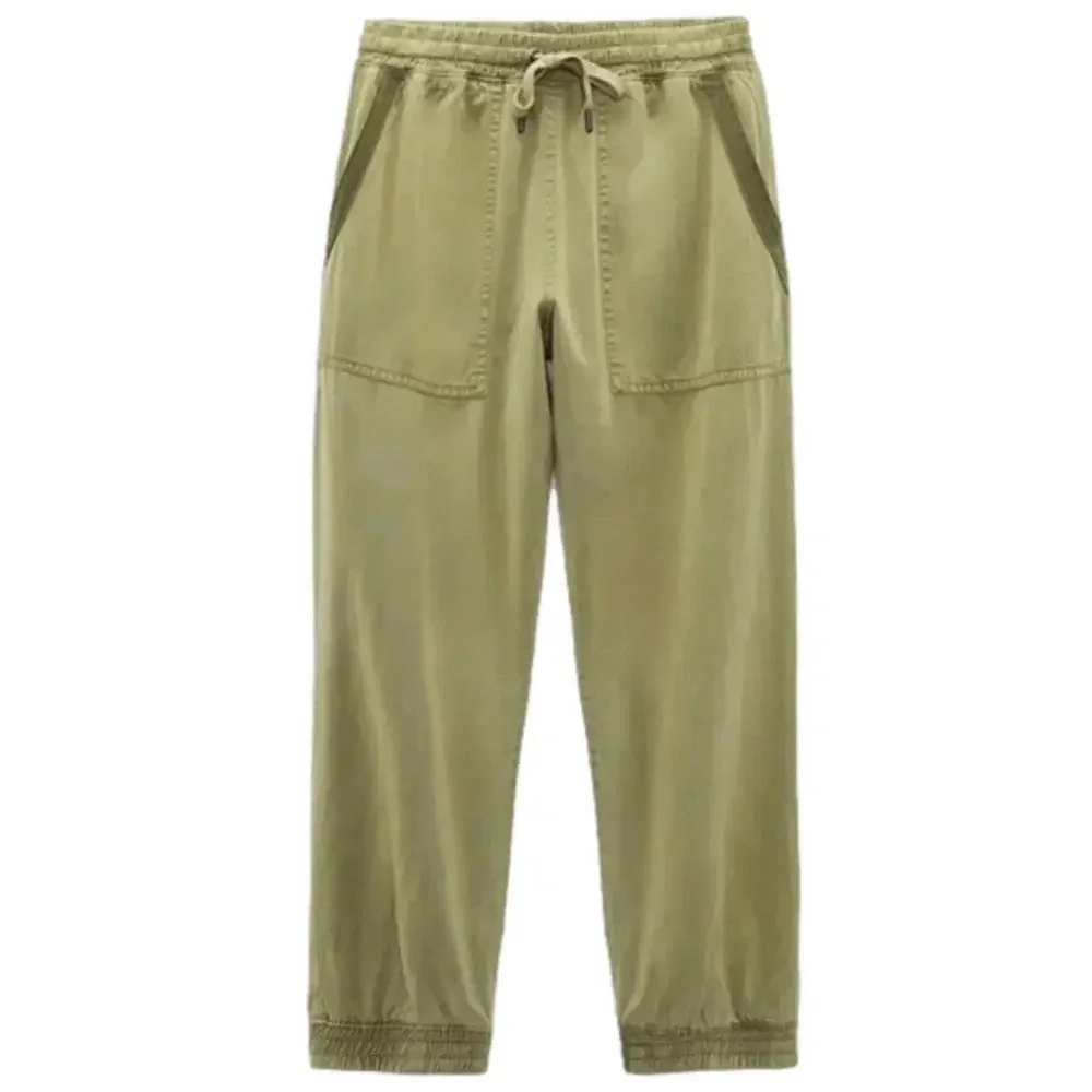 Zara Cargo Linen Jogger Cropped Pants with pockets in Olive Army Green XS